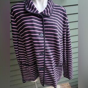 Talbots Black and Purple Striped Knit Collared Button Down Swaeter